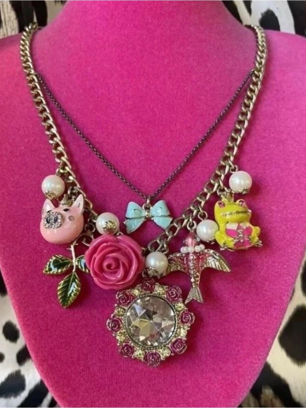 Vintage Betsey Johnson Pink Floral & Charm Statement Necklace - Picture 3 of 6